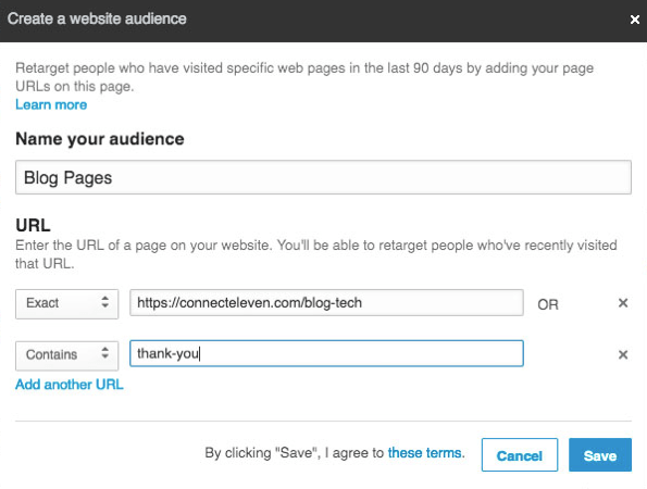 U kunt meerdere URL's toevoegen om opnieuw te targeten met LinkedIn Matched Audiences.