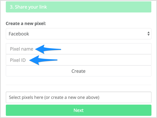 Voer uw pixelnaam en pixel-ID in Meteor.link in.