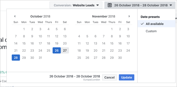 Kies het datumbereik dat u wilt bekijken met de Facebook Attribution-tool.