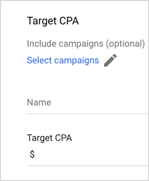 Dit is een screenshot van de doel-CPA-opties van Google Ads. Deze opties zijn Inclusief campagnes (optioneel), Selecteer campagnes, Naam, Doel-CPA (met een tekstvak om een ​​waarde in te voeren). Mike Rhodes zegt dat slimme biedopties van Google Ads, zoals doel-CPA, kunstmatige intelligentie gebruiken om biedingen te beheren.