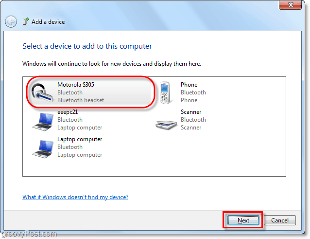 klik op uw Bluetooth-apparaat vanuit Windows 7, voeg een apparaatwizard toe en klik op Volgende
