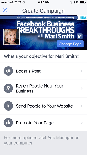 Facebook-advertentiedashboard in de Facebook-pagina's manager-app