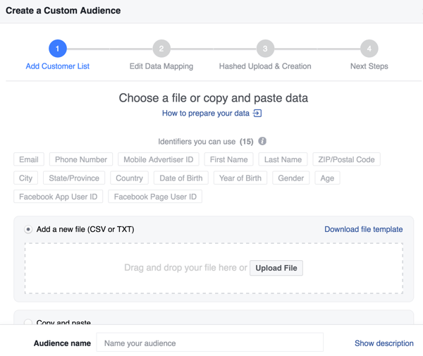 Wanneer u een aangepaste Facebook-doelgroep maakt vanuit uw e-maillijst, kunt u uw matchpercentage verbeteren met extra ID's.