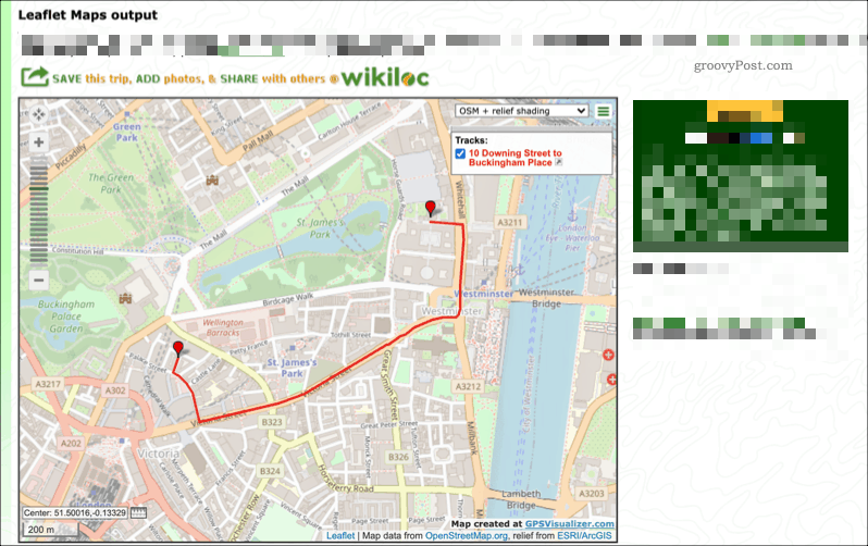 Een voorbeeldkaart gemaakt met de service GPS Visualizer
