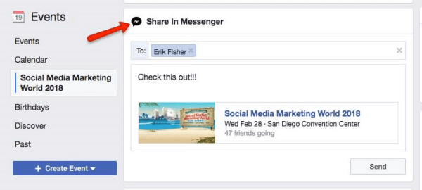 Facebook vraagt ​​gebruikers om een ​​evenement dat op Facebook is ontdekt, te delen met andere Messenger-gebruikers.
