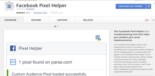 Installeer de Facebook Pixel Helper om te controleren of uw tracking werkt.