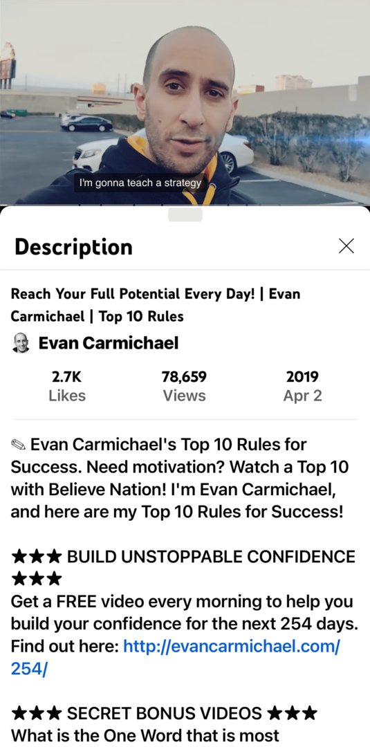 afbeelding van Evan Carmichael YouTube-video en beschrijving op mobiele app