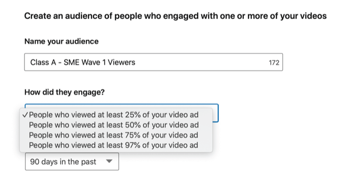 linkedin maakt doelgroepdetails zoals doelgroepnaam, engagementbron en de tijdsperiode voor dat engagement