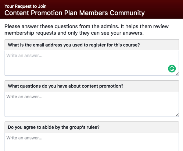 Vraag potentiële Facebook-groepsleden om in aanmerking komende vragen te beantwoorden.