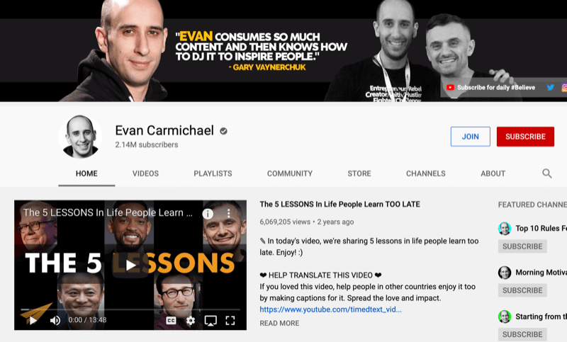 YouTube-kanaalpagina voor Evan Carmichael
