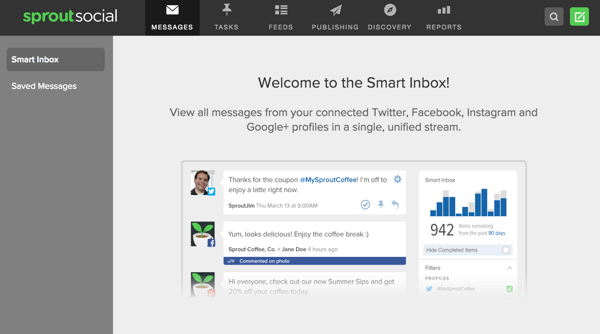 Sprout Social biedt een slimme inbox waarmee u berichten van meerdere sociale profielen op één plek kunt bekijken.
