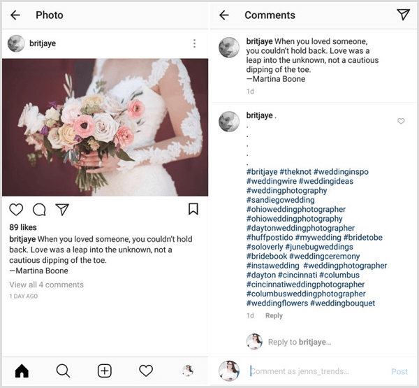 voorbeeld van een Instagram-post met een combinatie van hashtags voor inhoud, branche, niche en merk