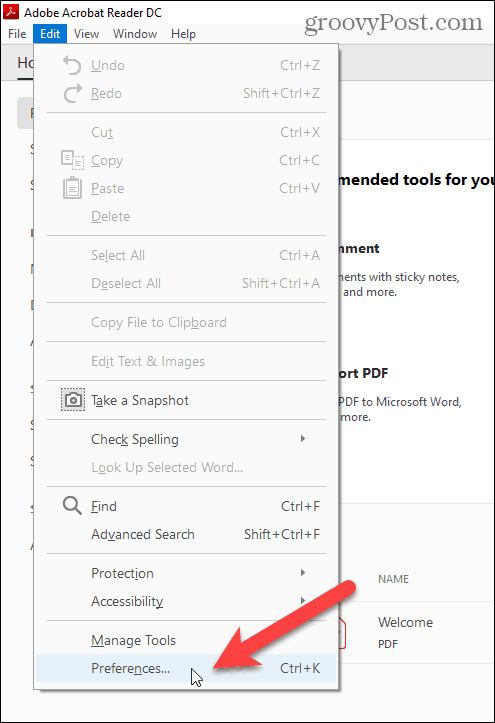 Selecteer Voorkeuren in het menu Bewerken in Adobe Acrobat Reader