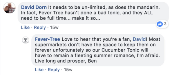 Voorbeeld van een Fever-Tree die reageert op een opmerking op een Facebook-bericht.
