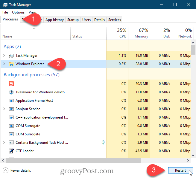 Selecteer het Windows Explorer-proces en klik op Opnieuw opstarten in Windows 10