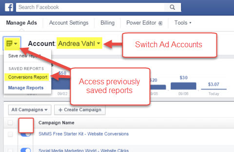 facebook ads manager opgeslagen rapporten