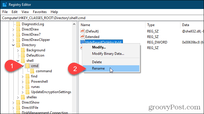Selecteer Naam wijzigen voor de waarde HideBasedOnVelocityId in de Windows Register-editor
