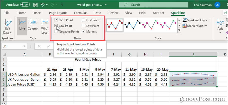 Toon opties voor Sparklines in Excel