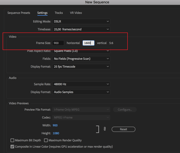 Optie om de framesnelheid voor uw reeks in Adobe Premier Pro in te stellen.