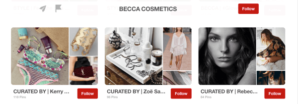 Voorbeeld van gastborden op Pinterest samengesteld door influencers voor Becca Cosmetics.