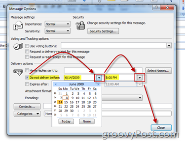 Dialoogvenster Opties voor Outlook-berichten Instellen Uitstellen