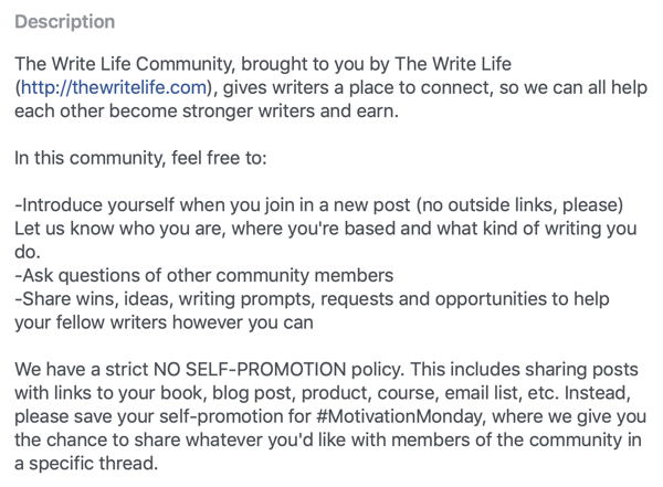 Hoe u uw Facebook-groepscommunity kunt verbeteren, voorbeeld van Facebook-groepsbeschrijving en regels door The Write Life Community
