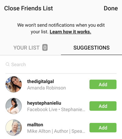 Optie om op Toevoegen te klikken om een ​​vriend toe te voegen aan je lijst met goede vrienden op Instagram.