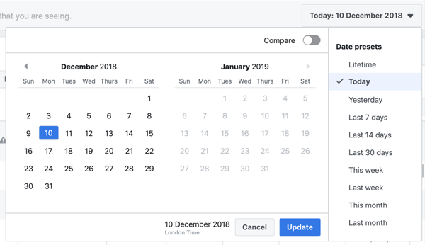 Optie om het datumbereik in te stellen voor uw Aankoop- en ROAS Facebook Ads Manager-rapport.