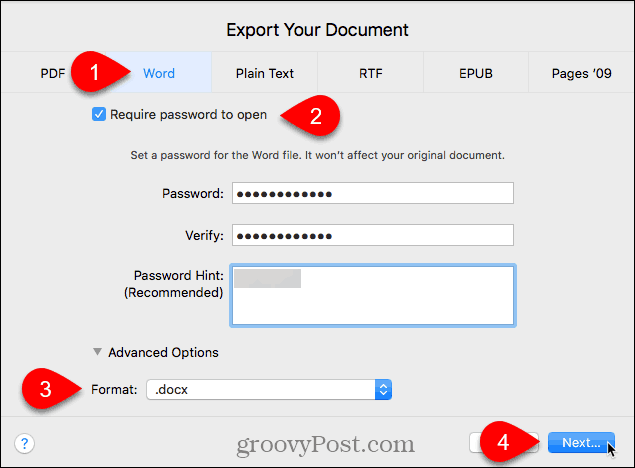 Het dialoogvenster Uw document exporteren in Pages voor Mac