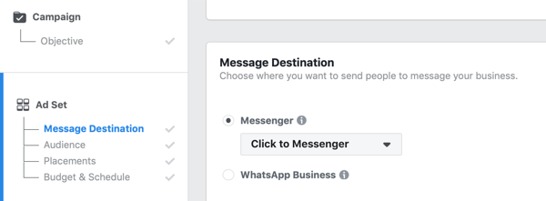 Facebook Click to Messenger-advertenties, stap 1.