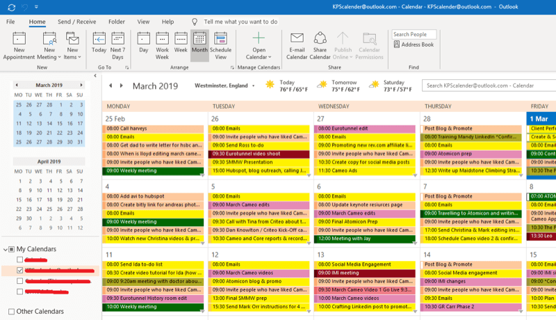 Marketingstrategie voor sociale media; Screenshot van onze Outlook-kalender om te laten zien hoe we elke implementatieactie plannen om ervoor te zorgen dat deze wordt uitgevoerd.