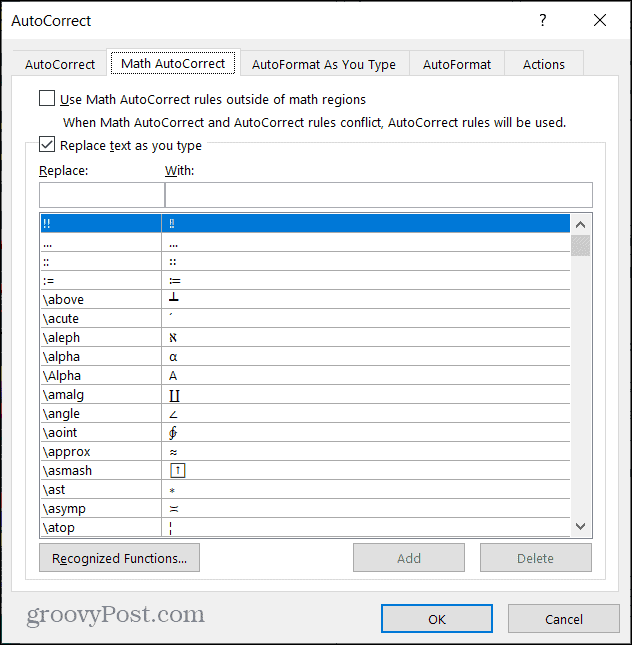 Wiskundige AutoCorrectie in Word op Windows