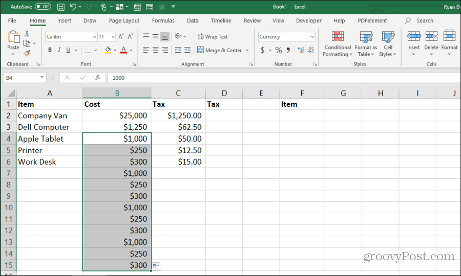 herhaal vul excel in