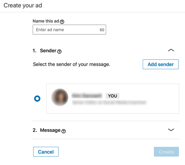 Hoe u op een LinkedIn-doelstelling gebaseerde gesponsorde InMail-advertentie maakt, stap 3, stel de advertentienaam en afzender in
