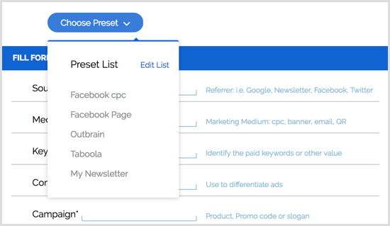 Voorinstellingen voor Chrome-extensie voor Google URL Builder