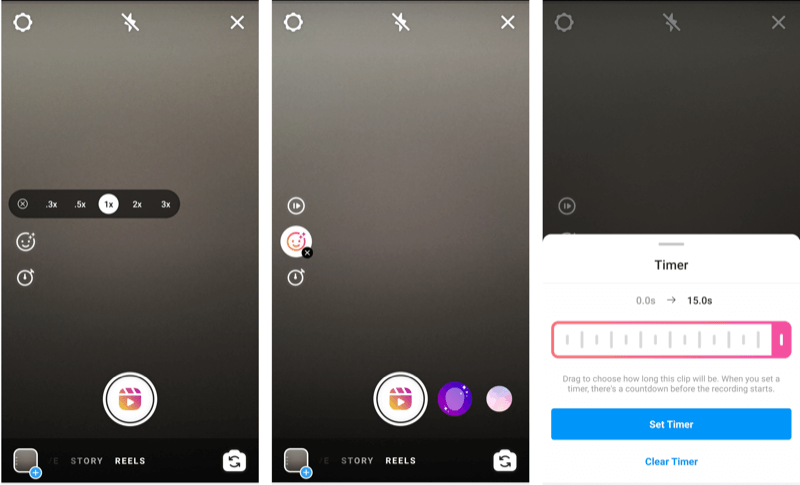 schermafbeeldingen met de timeroptie en instellingen voor Instagram-rollen 