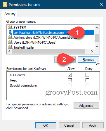 Verwijder een gebruiker in het dialoogvenster Machtigingen in het Windows-register