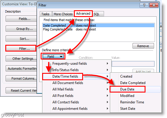 Screenshot: Outlook 2007 To-do Bar Setup Filter