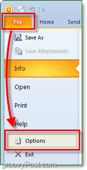 Klik in Microsoft Outlook 2010 op het bestandslint om Backdrop in te voeren en klik vervolgens op de knop Opties