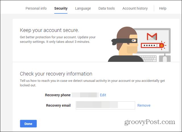Google Security wizard telefonische e-mailcontrole