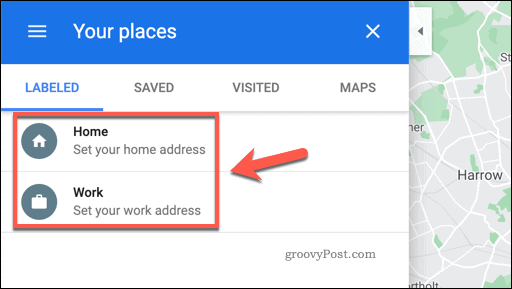 Google Maps Uw plaatsen-menu