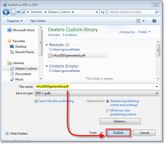 Kies een locatie om uw pdf-document van Office 2010 op te slaan