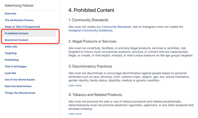 Het gedeelte over verboden inhoud van het advertentiebeleid van Facebook