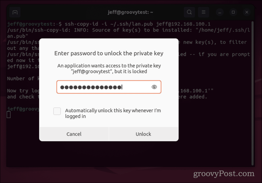 Ubuntu-wachtwoorddialoogvenster voor SSH-sleutel