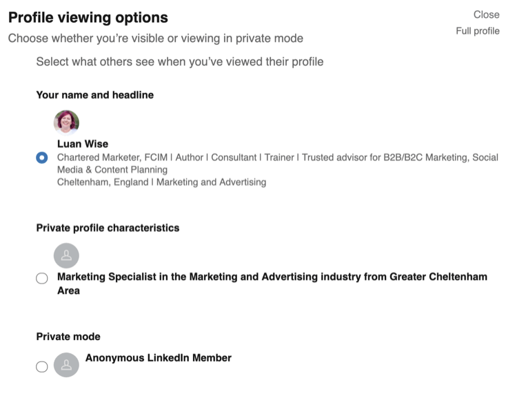 Opties voor profielweergave in de privacyinstellingen van LinkedIn