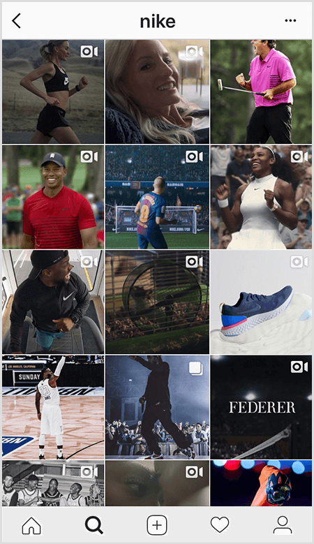 Nike Instagram-berichten bevatten een raster van atleten die Nike-uitrusting dragen, maar er zijn maar weinig afbeeldingen in de feed met tekst.