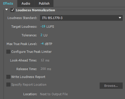Ik gebruik deze instellingen voor luidheidsnormalisatie bij het exporteren van mijn audiobestand in Adobe Premiere.