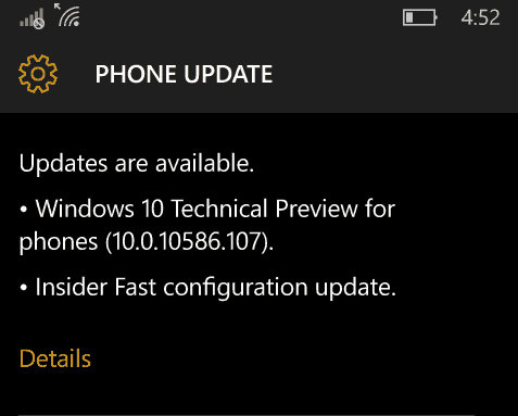 Windows 10 Mobile Insider Preview Build 10586.107 en Release Preview Ring