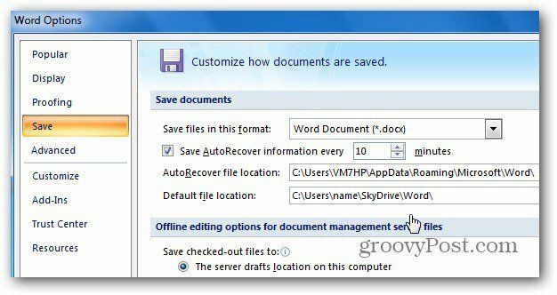 Office 2007 SkyDrive-opslaglocatie