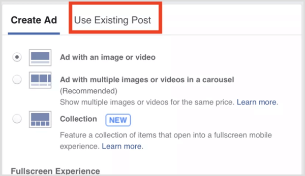Facebook-advertentie gebruik bestaande post